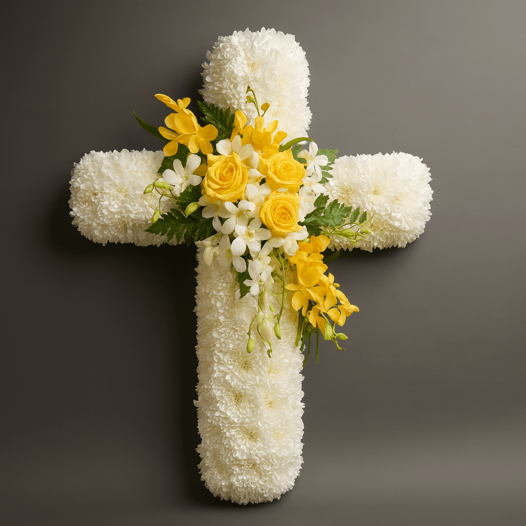 After: Same white floral cross on a clean soft grey professional background