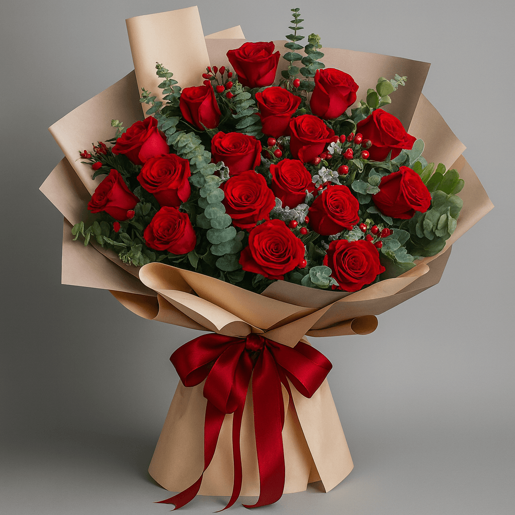 After: Same red rose bouquet on a clean professional grey backdrop